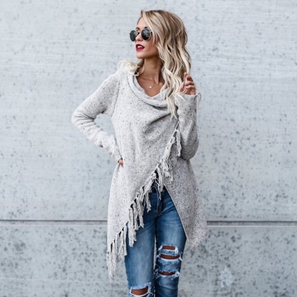 Fringe Trim Wrap Style Marled Cardigan Sweater - Picture 3 of 7